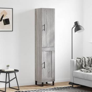 Aparador alto de madera contrachapada gris Sonoma 34,5x34x180 cm con 1 puerta de madera, mueble de almacenaje para salón, buffet y armario auxiliar