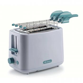 Tostadora Ariete 157, 760W, capacidad para 2 rebanadas, pinzas de acero inoxidable, 7 niveles de dorado, botón de parada, toque frío, color blanco y verde aguamarina