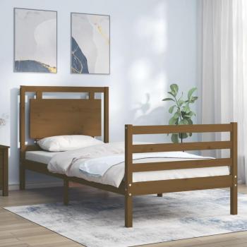 Estructura de cama con cabecero de madera maciza en color marrón miel, tamaño 90x200cm