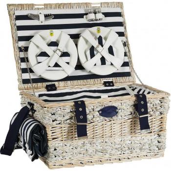 Cesta de picnic de mimbre marina rayas azules para 6 personas, completa con compartimento isotérmico - Dimensiones: 50x35x26cm