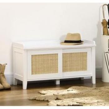 Banco Zapatero HOMCOM con Asiento, Mueble Zapatero de 2 Puertas de Ratán en Estilo Bohemio, Carga máxima 130 kg, dimensiones 80x35x45 cm, color Blanco y Natural