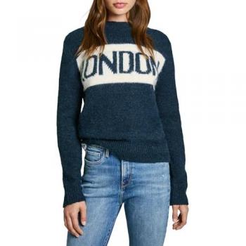 Jersey de mujer Pepe Jeans Hilda azul marino con cuello perkins y logo intarsia, talla S