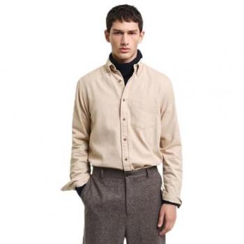 Gant Men's Regular Fit Herringbone Flannel Shirt - Caramel Beige, Long Sleeve, Size M