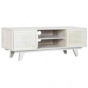 Mueble de TV de Madera de Mango y Ratán Color Blanco Roto MB-215068, dimensiones 128 x 40 x 45 cm