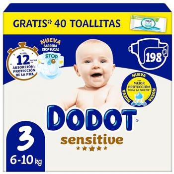 Pañales Dodot Bebé Sensitive Talla 3 (6-10 kg) - Pack Mensual de 198 Pañales + 10 Toallitas Aqua Plastic Free