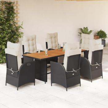 7-Piece Black Poly Rattan Garden Dining Set with Cushions