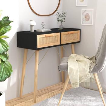 Mesa Consola Negra 80x30x75 cm de Madera Maciza de Pino y Ratán Natural
