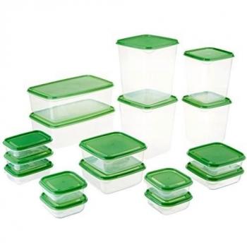 Recipiente para guardar alimentos PRUTA, juego de 17, Transparente, Verde, incluye: 17 unidades comida en tamaños de entre 9 x4cm a 23 x 16 x 8 cm. Apta para microondas-safe; Calientan la comida hasta 100 °C, congelador-safe. Apta para lavavajillas-safe