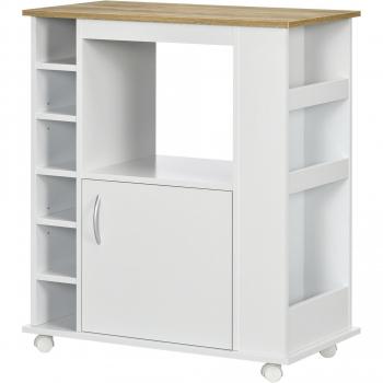 HOMCOM Mueble Auxiliar con Ruedas Carrito de Cocina de Estilo Moderno con Puerta y Compartimientos 75x39,5x88 cm Blanco