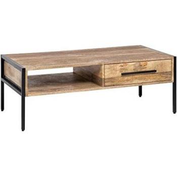 LOLAhome Mesa de Centro Envejecida con 1 cajón de Madera de Mango Natural de 110x55x40 cm