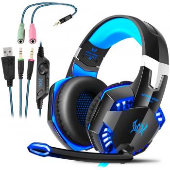 auriculares gaming con microfono, cascos gaming, auriculares para juegos para PS4 / PC / Xbox One/ Switch/ tableta /celular, puerto 3.5mm+USB con chulo LED luces, reducción de ruido, peso ligero-Azul