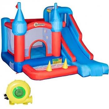 Outsunny Castillo Hinchable con Tobogán Cama de Salto y Piscina para Niños +3 Años con Inflador y Bolsa de Transporte para Interior Exterior 333x280x210 cm Multicolor