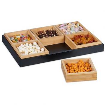 Bandeja de Aperitivos Relaxdays, con Plato para Servir, Bambú, 6 Cuencos para Patatas, Frutos Secos y Dulces, Dimensiones 5,5 x 47 x 32,5 cm