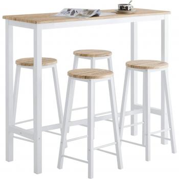 Mesa bar de 5 piezas con sillas Blanco + natural SoBuy OGT22-WN, incluye 1 mesa alta y 4 taburetes de bar