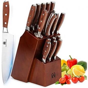 Vestaware - Juego de cuchillos para cocina, 16 piezas con bloque de madera, acero inoxidable alemán forjado cuchillo de chef profesional, juego de cuchillos de cuchillos