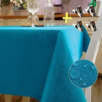 Iycnkok Mantel Antimanchas Rectangular Manteles Mesa Impermeable Tela 140x240 cm Lavable Efecto Lino Azul, 4 Pinzas Incluidas, Table Cloth Elegante para Comedor Exterior Cocina Jardin Navidad Fiesta