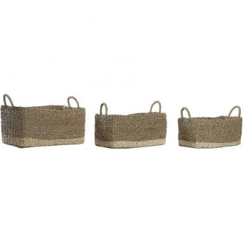 Juego de Cestas DKD Home Decor - Dimensiones: 45 x 30 x 24 cm, Material: Mimbre y tela, Color: Natural y blanco, Uso: Almacenamiento decorativo para el hogar