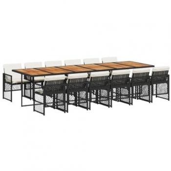 Set comedor de jardín con cojines 13 pzas ratán sintético negro