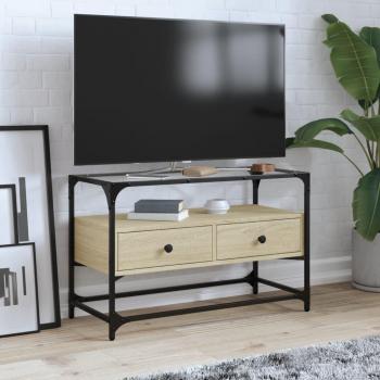Mueble TV cristal y madera ingeniería roble Sonoma 80x35x51 cm Marrón