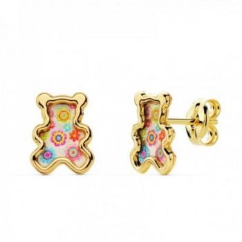 Pendientes de oro 18k para niña con osito en fondo nácar y detalles coloridos