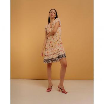 Vestido corto estampado floral con volantes y cremallera lateral - estilo moderno