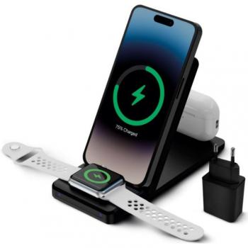 Cargador inalámbrico Ksix 3en1 15W, Carga rápida simultánea para smartphones Qi, Apple Watch y AirPods