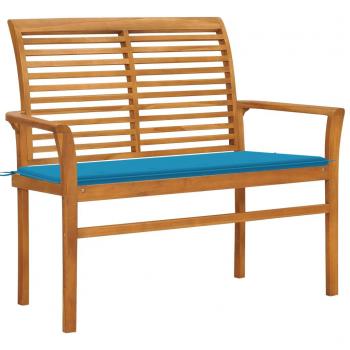 Banco de jardín de madera maciza de teca con cojín azul de 112 cm