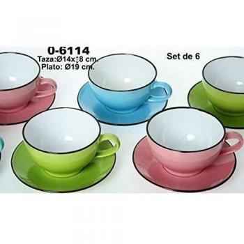 Supernova Decoracion_Set 6 tazas jumbo de consomé con plato de porcelana Surtida de 3 colores rosa,verde,celeste.Medidas Tazas: 14X8CM Plato: 19CM_