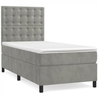 Cama box spring con colchón y LED de terciopelo gris claro 90x190 cm