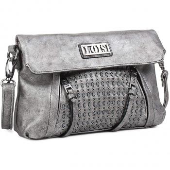Lois - 94315 Bolso de Mujer Bandolera con Solapa. Forro Estampado. Bolsillo Interior. Cierre Cremallera y Solapa con Cierre botón. Bolsillo Trasero, Color Plata