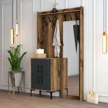 Consola Multifuncional para Entrada Pollux, Mueble de Almacenamiento con Perchas, 120x35h200 cm, Nogal y Antracita