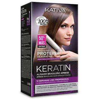 Kativa Keratin Kit Alisado Brasileño Xpress - Alisado en casa profesional - Hasta 12 Semanas de duración - Con Aceite Orgánico Argán y Keratina Vegetal - Sin Formol