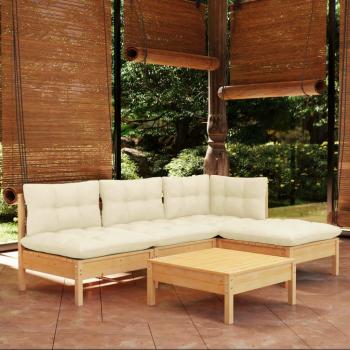 5-Piece Pinewood Garden Lounge Set with Cream Cushions
