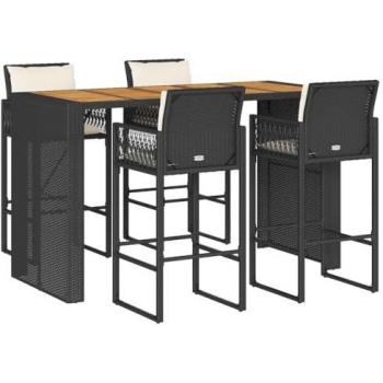 5-Piece Black Poly Rattan Garden Bar Set with Cushions and Acacia Wood