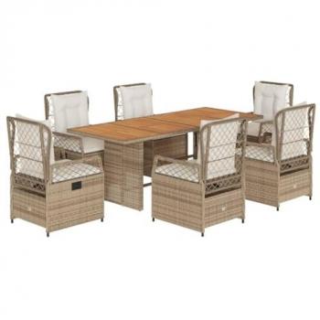 Set comedor de jardín 7 piezas con cojines de ratán sintético beige