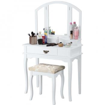 LANGRIA Tocador Mesa con 3 Espejos Plegables Arqueados, 3 Cajones y Taburete, Tocador de Maquillaje Estilo Victoriano Vintage, Patas Arqueadas y Rectas, Taburete Acolchado Rectangular, Blanco