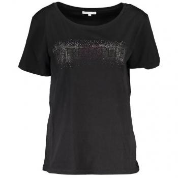 Patrizia Pepe Chic Short Sleeve Wide Neck Tee with Contrast Details - S, T-Shirts, female, Black, Size: S Chic Short-Sleeve T-Shirt with Wide Neckline