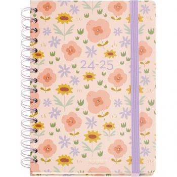 Agenda escolar 2024-2025 Silvia Rossana Flowers, tamaño 150x213 mm, diseño de flores, formato semana vista, encuadernación wire-o, multilingüe