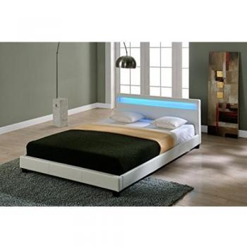 Cama Doble Elegante Paris Tapizada en Piel Sintética con Iluminación LED - 140x200cm - Blanco