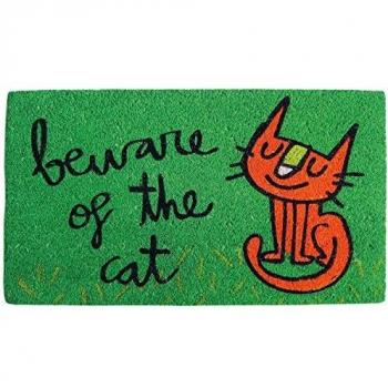 Laroom Felpudo diseño Beware of The Cat, Jute & Base Antideslizante, Verde, 40x70x1.8 cm