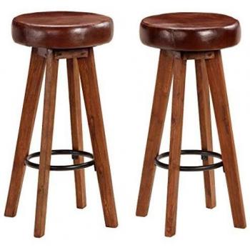 Bar Stools Set of 2 in Genuine Leather and Solid Acacia Wood
