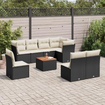 9-Piece Black Poly Rattan Garden Sofa Set with Cushions