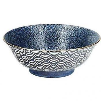 Cuenco de Porcelana Mikasa Satori 21 cm - Diseño de Ondas Azul y Blanco