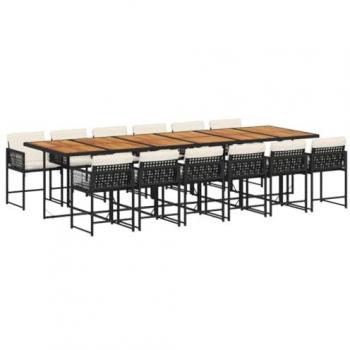 Set comedor de jardín con cojines 13 pzas ratán sintético negro