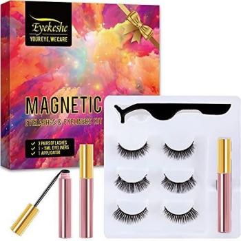 EYEKESHE Pestañas Postizas Magneticas Naturales Incluir Delineador de Ojos y Rizador de Pestañas, Cómodo Impermeable Reutilizable, Adecuado para Maquillaje Carnaval, Boda, Fiesta （3 Pares）