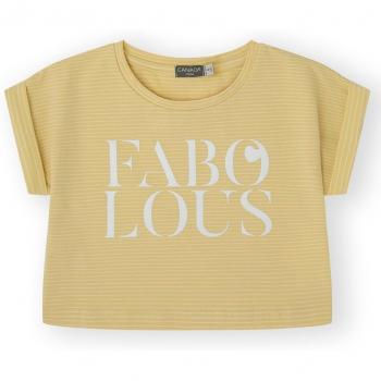 Camiseta de niña crop de manga corta vuelta a rayas con mensaje frontal