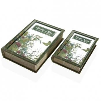Caja Decorativa Versa Flower Atlas Libro Lienzo Espejo Madera MDF 7 x 30 x 21 cm