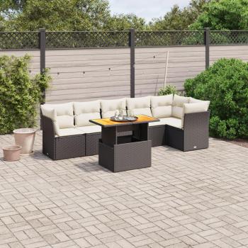 7-Piece Black Poly Rattan Garden Sofa Set with Cushions