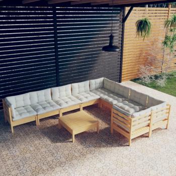 10-Piece Pinewood Garden Lounge Set with Cream Cushions