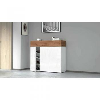 Zapatero Nick, armario multifuncional de entrada con 4 puertas, ahorro de espacio, 114x38x100 cm, blanco y roble